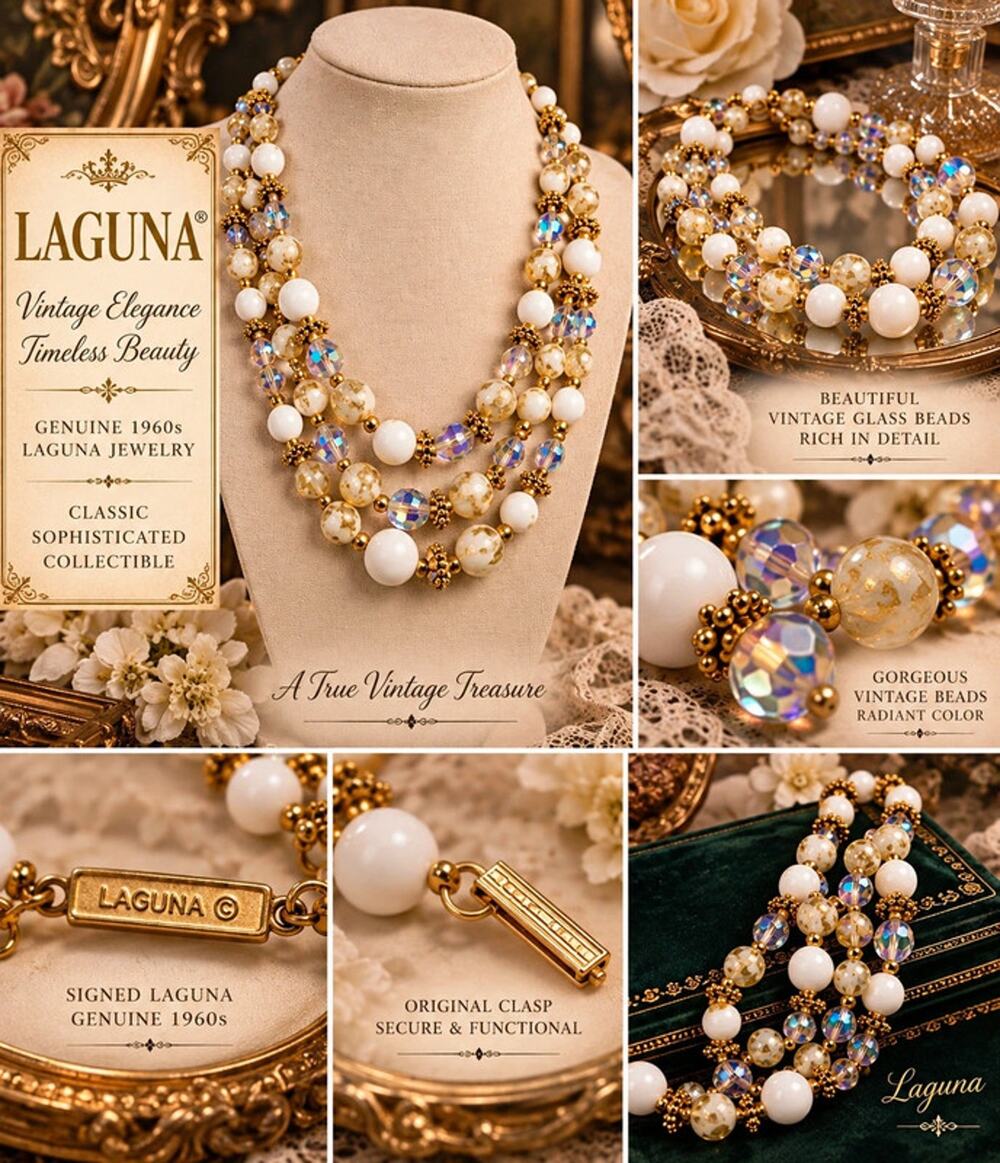 Vintage Necklace signed Leguna milk glass and  crystal